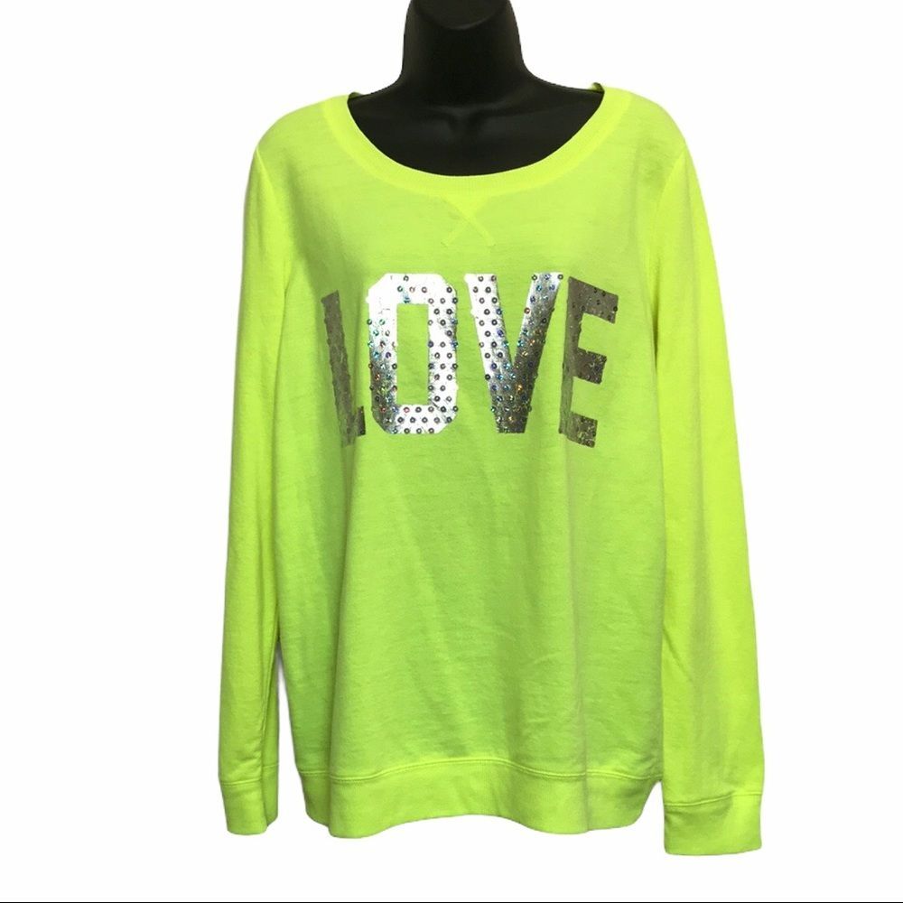Hard Candy Neon Yellow Long Sleeve LOVE Tee XXL Sequined Graphic Top